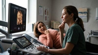 Obstetrician performing ultrasound exam for pregnant patient.