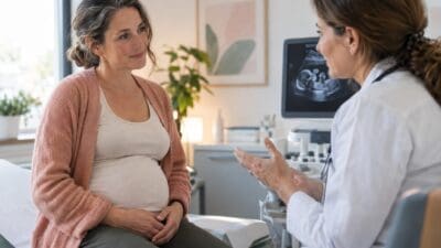 Pregnant woman discussing ultrasound results with her doctor in a medical office.