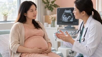 Pregnant woman consulting with an obstetrician in a medical office.