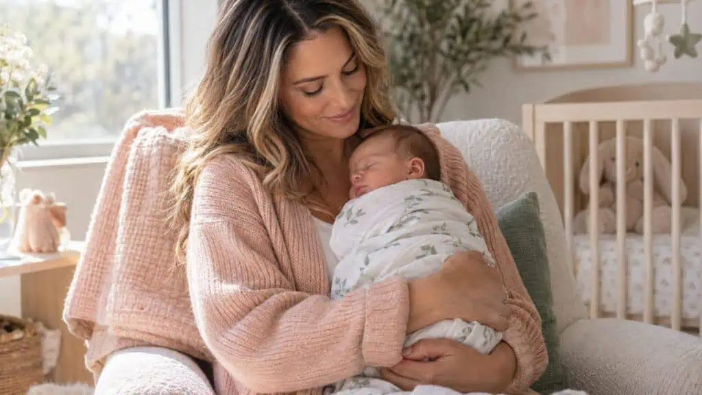 Mother holding her newborn baby in a cozy nursery setting.