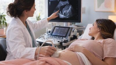 Doctor performing ultrasound on pregnant woman in a clinical setting.