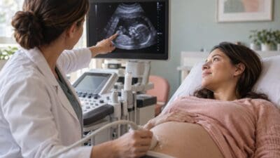 Pregnant woman having ultrasound scan by healthcare professional in clinic.